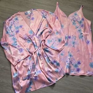 Vintage 2000 Warner Sleepware Kimono-Style Robe & Nightgown Pink Floral